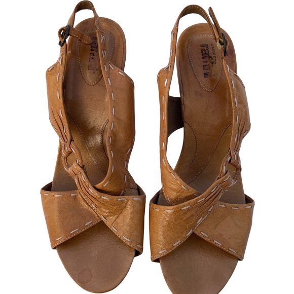 Umberto Raffini Open Toe Slip On Strappy Stitching Details High 4" Heel Tan Sz10 - Picture 1 of 7